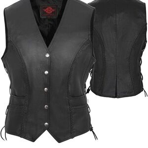 Women's Black Leather Vest with Button Detail and Lace Up Sides